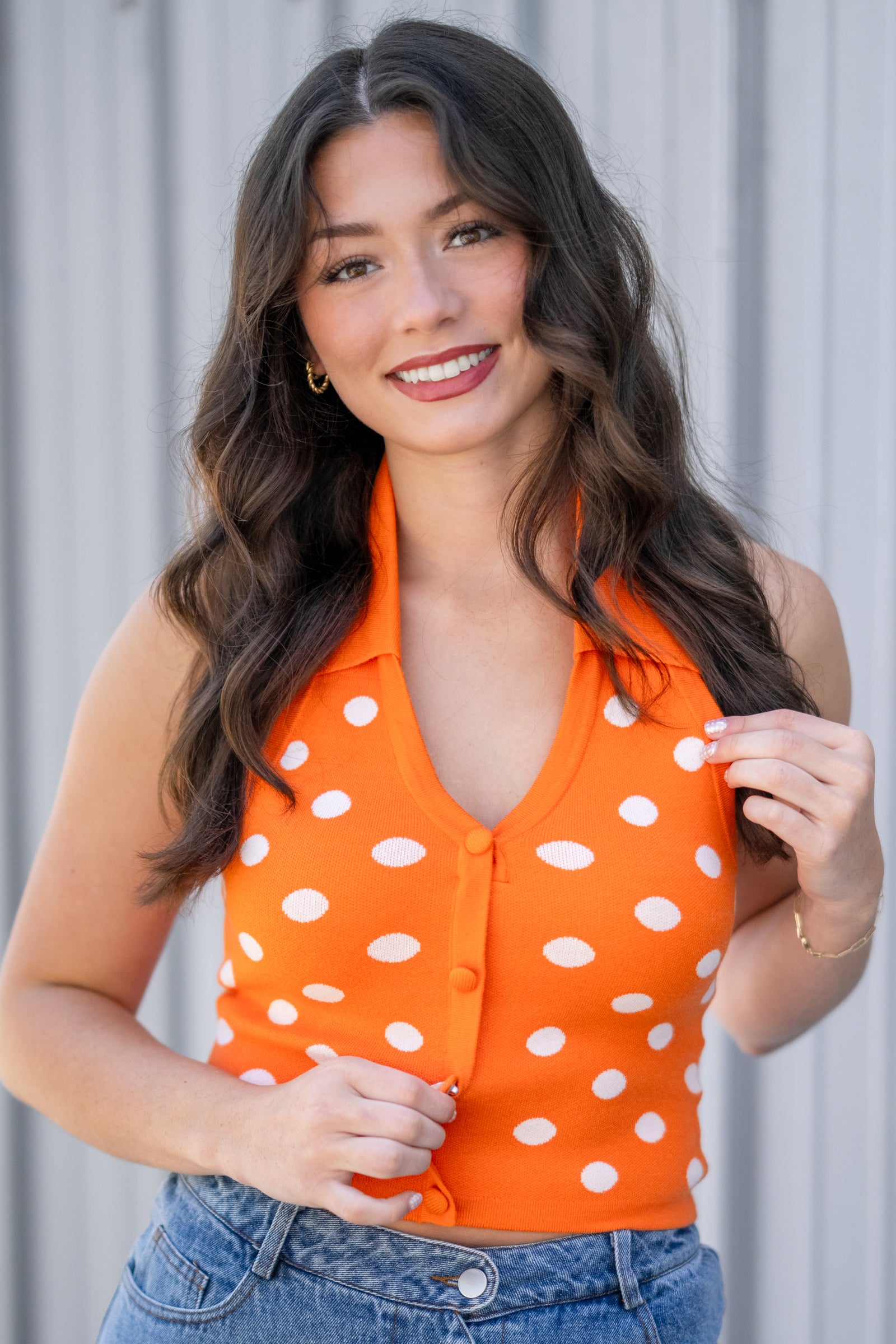 ORANGE HALTER POLKA DOT KNIT TOP